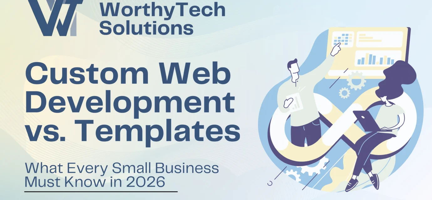 Custom web development vs templates guide by WorthyTech Solutions for small businesses in 2026, showing digital developers collaborating on website analytics. Option 3: Short & Direct