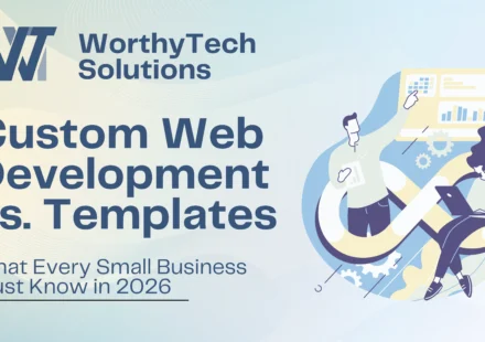 Custom web development vs templates guide by WorthyTech Solutions for small businesses in 2026, showing digital developers collaborating on website analytics. Option 3: Short & Direct