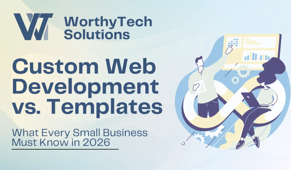 Custom web development vs templates guide by WorthyTech Solutions for small businesses in 2026, showing digital developers collaborating on website analytics. Option 3: Short & Direct