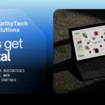 WorthyTech Solutions graphic titled 'Let's get digital: Why Bhilwara Businesses Need a Local Web Development Partner,' next to a laptop displaying a modern B2B website concept.