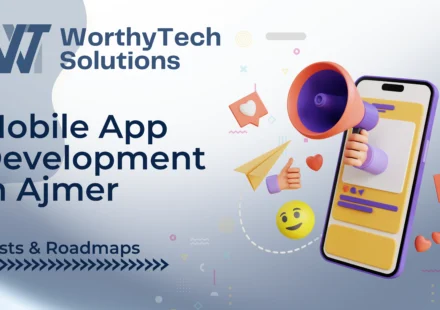 Title image for WorthyTech Solutions' guide on Mobile App Development in Ajmer, featuring a 3D smartphone and megaphone illustration highlighting costs and roadmaps.