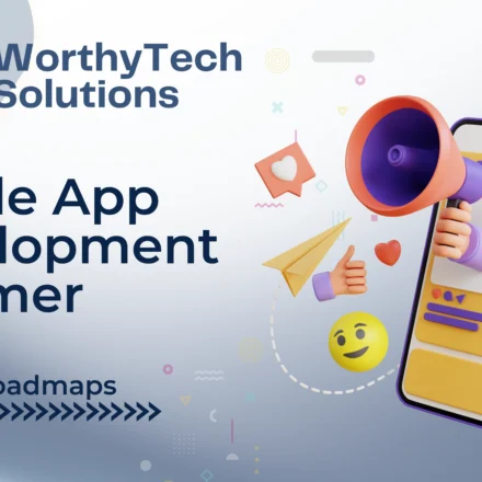 Title image for WorthyTech Solutions' guide on Mobile App Development in Ajmer, featuring a 3D smartphone and megaphone illustration highlighting costs and roadmaps.