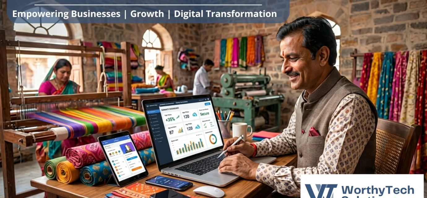 A local business owner using a laptop in a textile workshop, representing the Best IT Services in Bhilwara provided by WorthyTech Solutions.