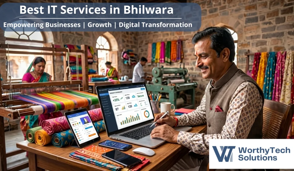 A local business owner using a laptop in a textile workshop, representing the Best IT Services in Bhilwara provided by WorthyTech Solutions.