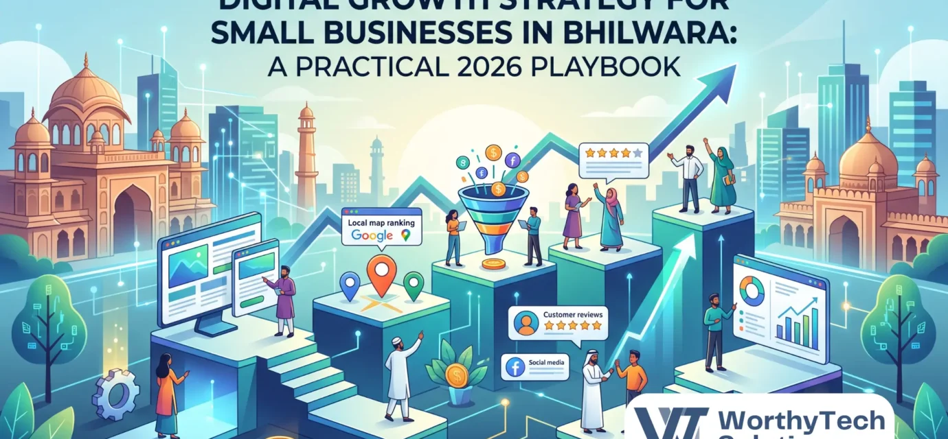 Illustration of a digital growth strategy for small businesses in Bhilwara, featuring professionals climbing a growth chart by utilizing websites, local SEO map rankings, lead funnels, and analytics.