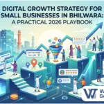 Illustration of a digital growth strategy for small businesses in Bhilwara, featuring professionals climbing a growth chart by utilizing websites, local SEO map rankings, lead funnels, and analytics.