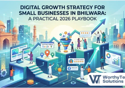 Illustration of a digital growth strategy for small businesses in Bhilwara, featuring professionals climbing a growth chart by utilizing websites, local SEO map rankings, lead funnels, and analytics.