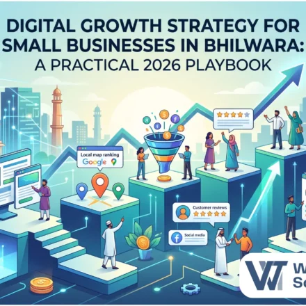 Illustration of a digital growth strategy for small businesses in Bhilwara, featuring professionals climbing a growth chart by utilizing websites, local SEO map rankings, lead funnels, and analytics.
