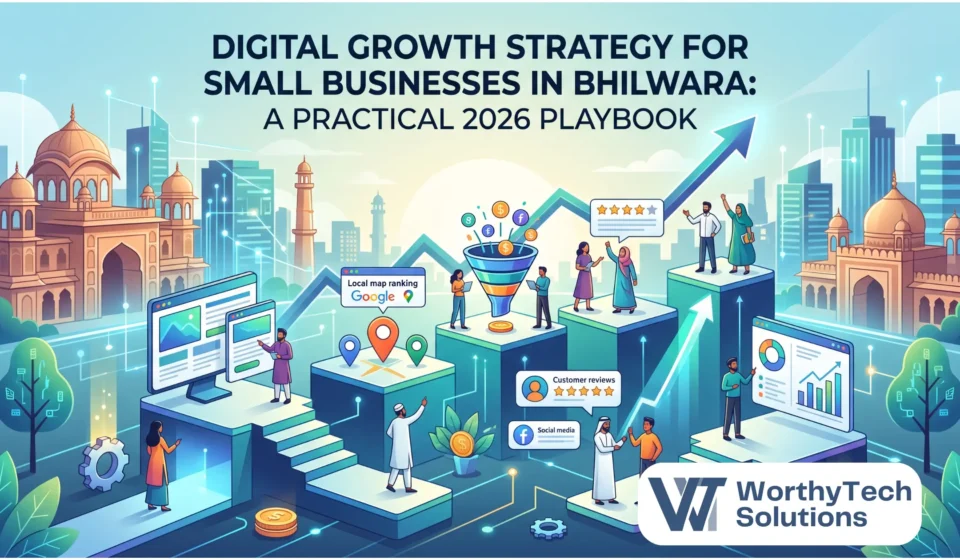 Illustration of a digital growth strategy for small businesses in Bhilwara, featuring professionals climbing a growth chart by utilizing websites, local SEO map rankings, lead funnels, and analytics.